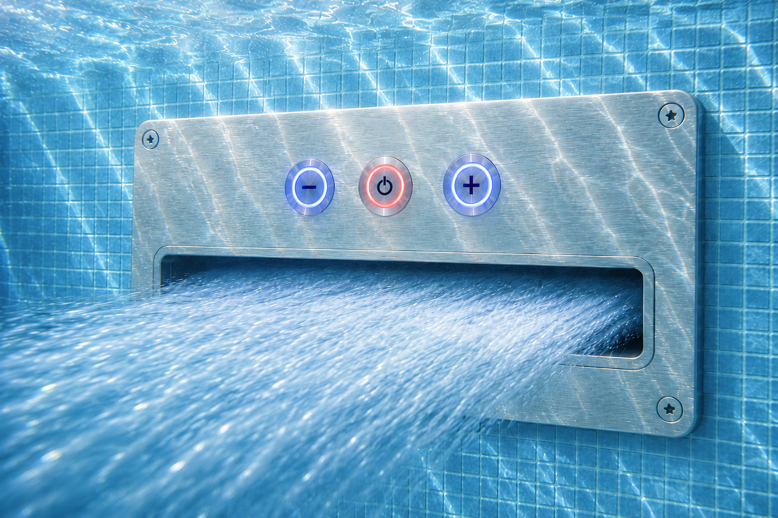 Stainless steel piezo counter-current swim jet control panel mounted on a tiled pool wall
