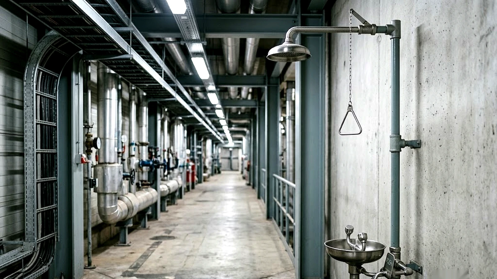 A combination emergency shower and eyewash station mounted against the wall of an indoor process plant corridor, the drench head on a gooseneck arm with a pull chain and triangular handle, and the eyewash bowl below it.