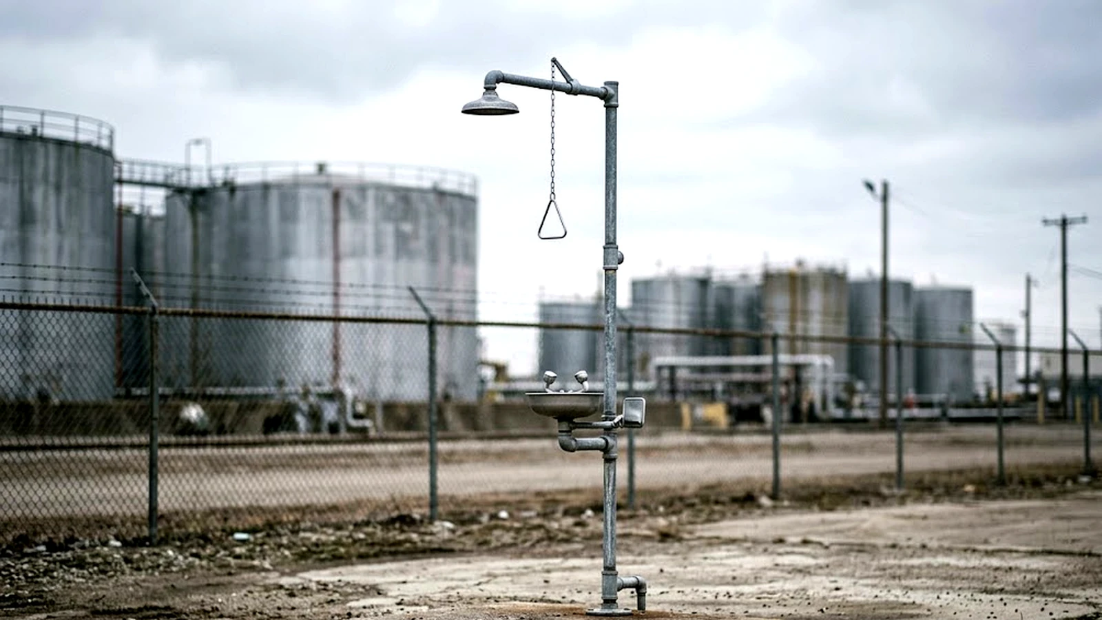 An outdoor safety shower and eyewash on a concrete plinth at the edge of a tank farm, fed by buried pipework with no electrical supply at the fixture.
