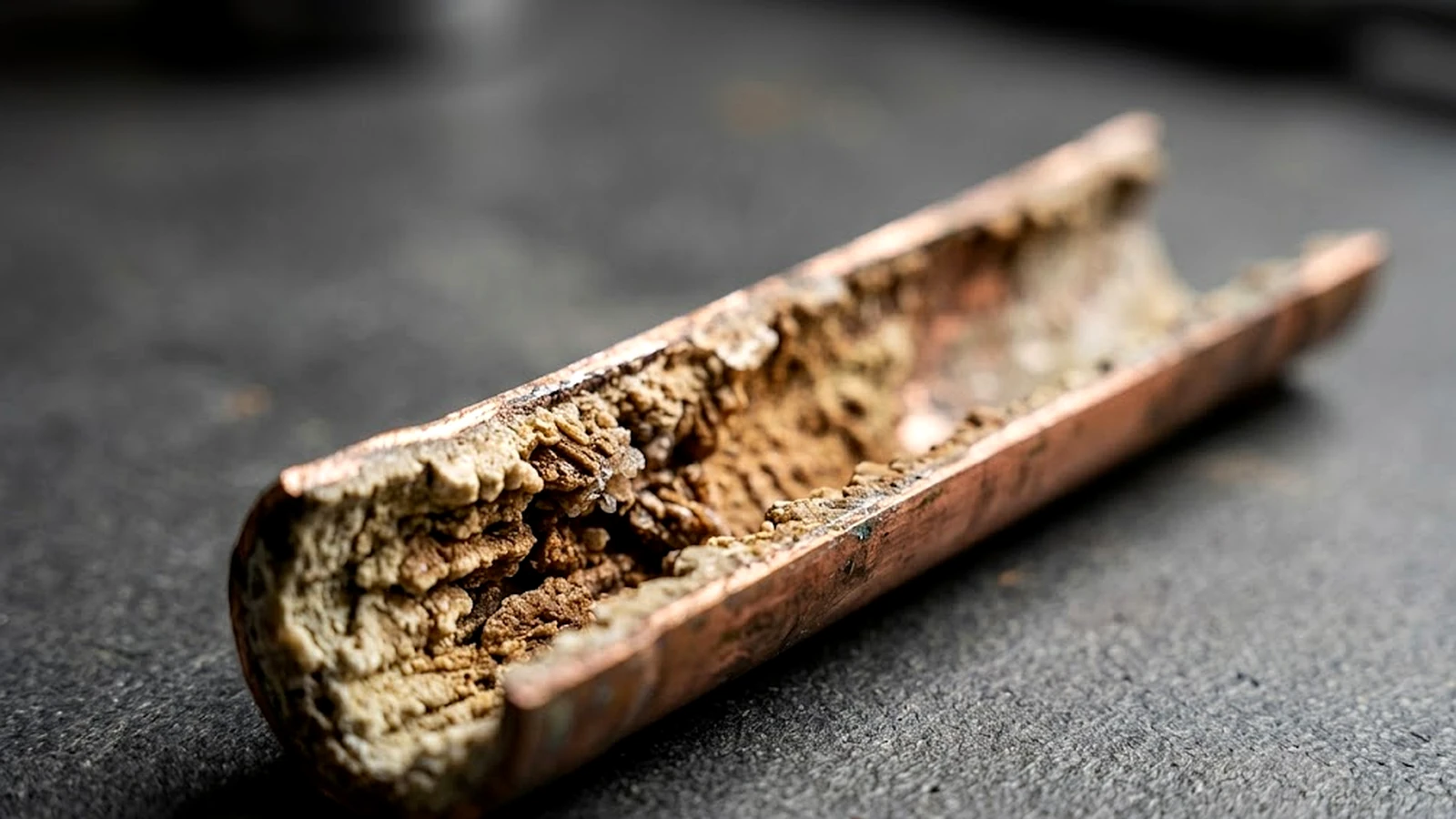 A section of copper water pipe cut open lengthwise, showing the inside surface coated with layered limescale and mineral deposit.