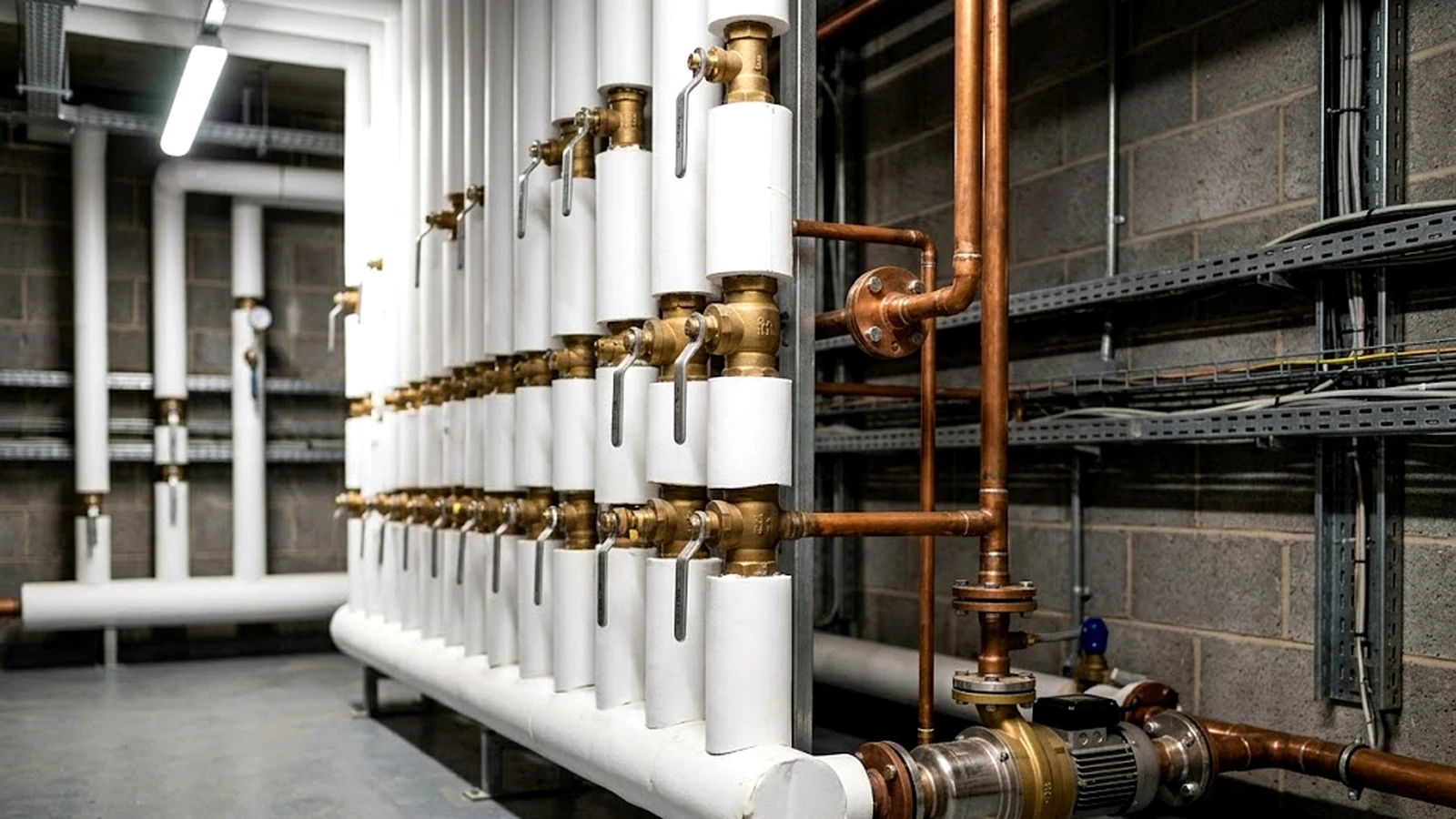 Verteiler in einer Technikzentrale, gedämmte Trinkwasserleitungen mit Absperrarmaturen und Zirkulationspumpe.