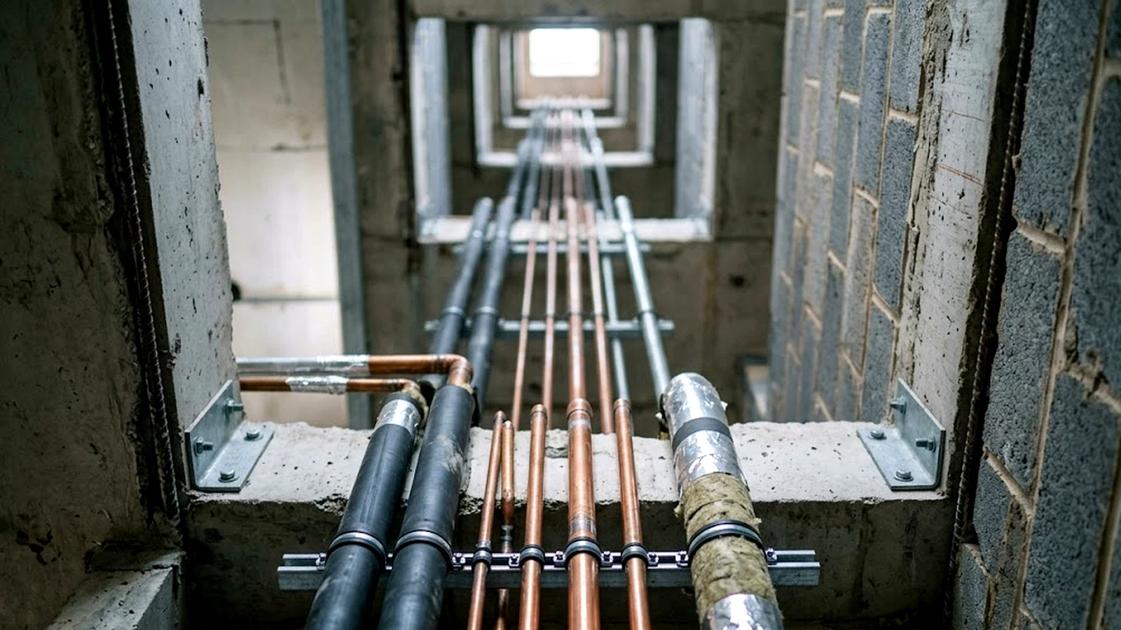 Water pipework rising through a building riser shaft between floors, copper and insulated steel pipes fixed to brackets against bare concrete.