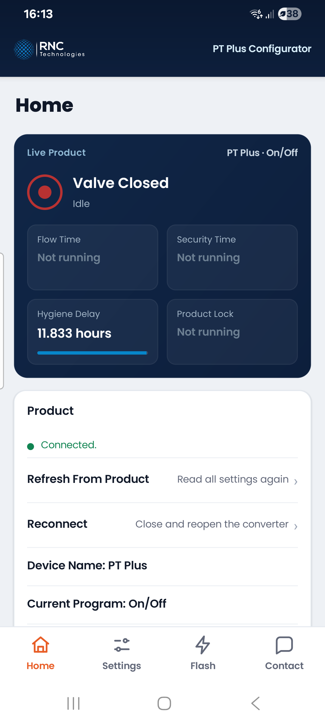 PT Plus Configurator app on an Android phone, showing a connected product with its live status and timers