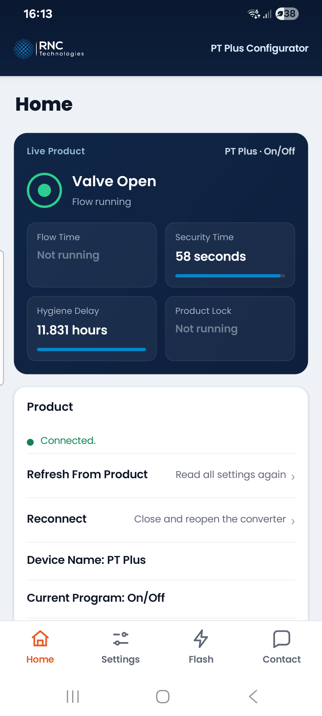 PT Plus Configurator home screen, showing a connected product with the valve open and the timers counting down